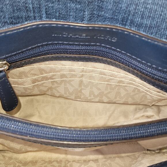 Michael Kors Sloan Denim Crossbody Shoulder Bag Blue Chevron Fringe Patchwork - Picture 7 of 16